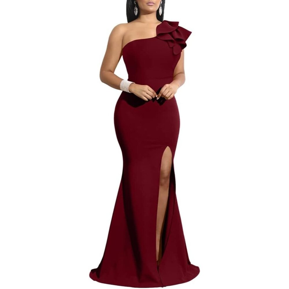 Women's Red Sleeveless One Shoulder Ruffle High Split Long Formal Party Dress
